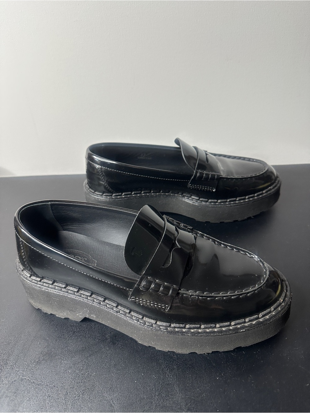 Tod's Black Patent Leather Platform Penny Loafers